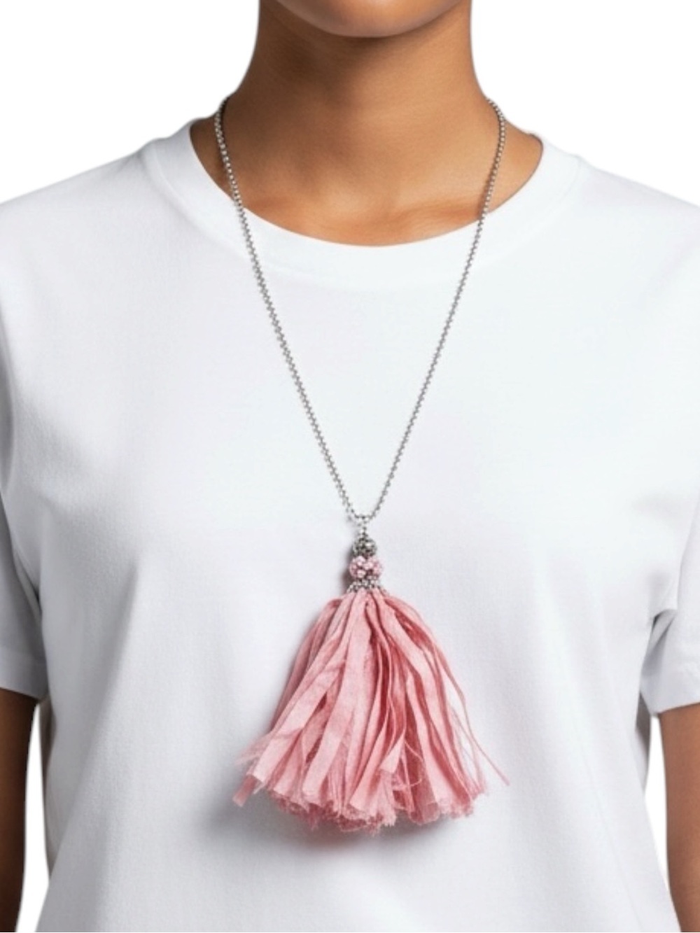 Hand Crafted Pink Silk Tassel Pendant Bohemian Festival Necklace NWT